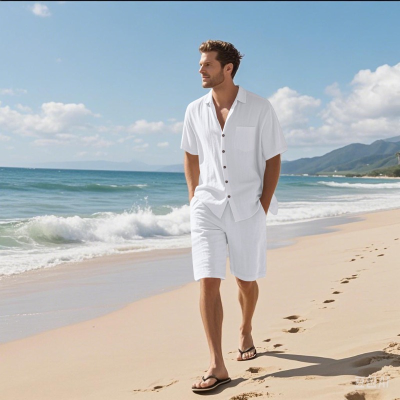 Linen Shorts Men - Men Linen Blend Camp Collar Shirt