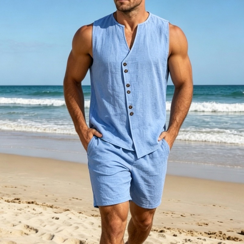 Men Simple Solid Linen Sleevel - Linen Shorts Men review and price